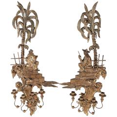 Pair of Vintage Sconces with Asian Figures