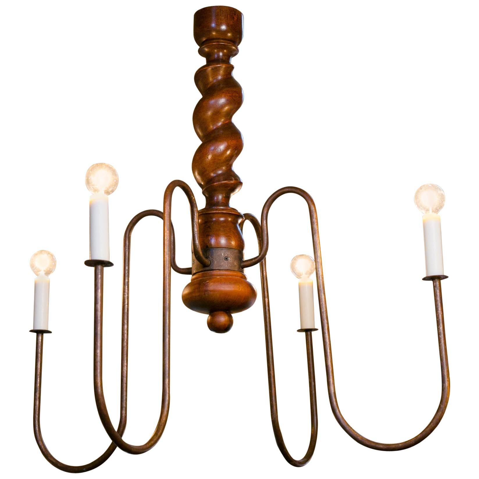 One of a Kind Barley Twist Wood and Iron Four-Arm Chandelier