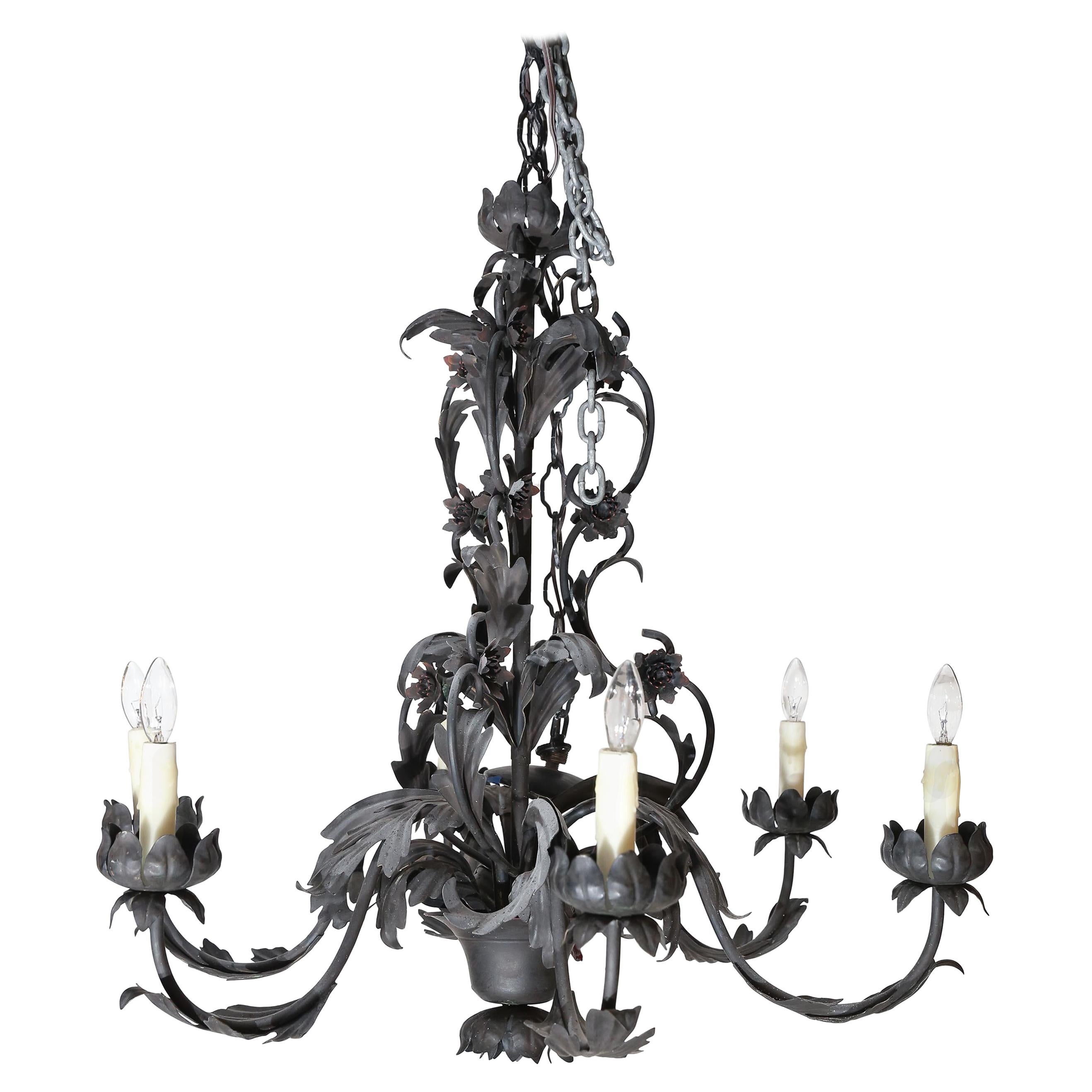 6-Lite Wrought Iron Chandelier with Cast Leaves For Sale