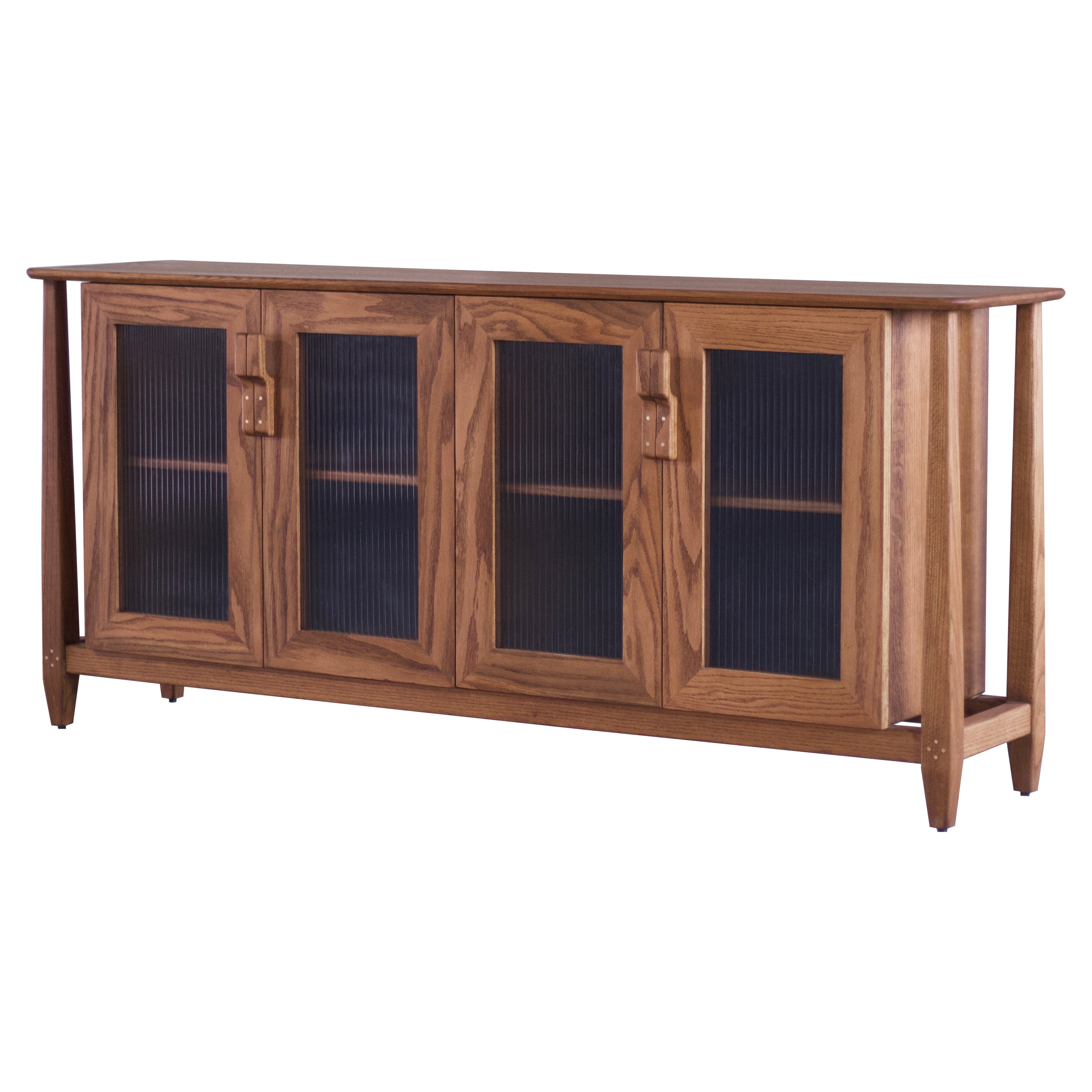 Mid-Century Oak Wood Storage Credenza sideboard Fluted Glass shutters and brass For Sale
