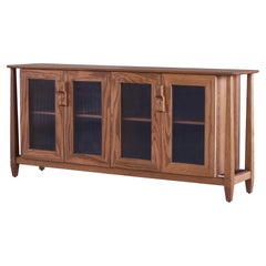 Mid-Century Oak Wood Storage Credenza sideboard Fluted Glass shutters and brass