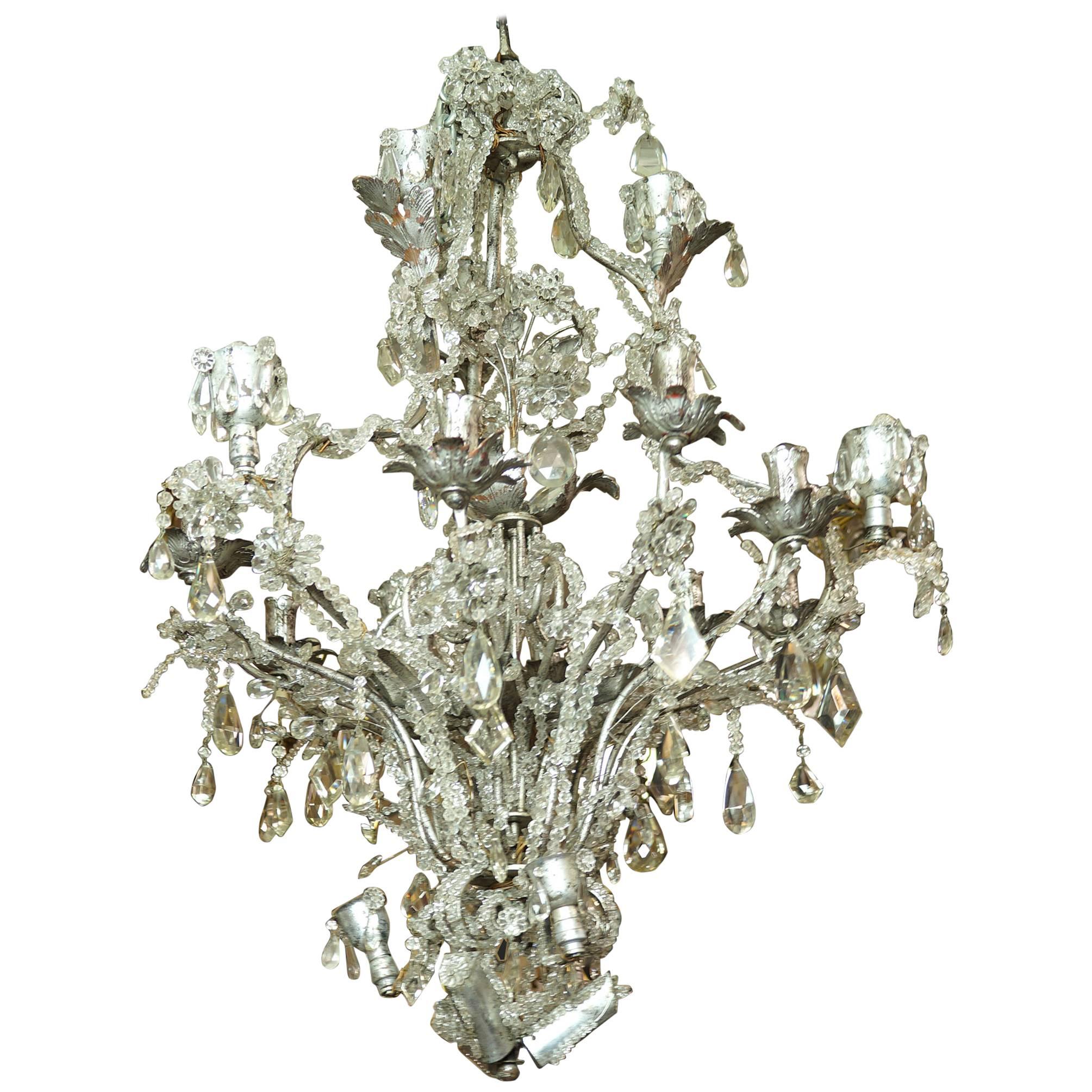 Important Rock Crystal and Silvered Metal Beaded Chandelier attributed to Baguès