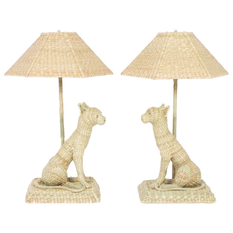 Fun and Folky Wicker Cat Table Lamps by Mario Torres at 1stDibs