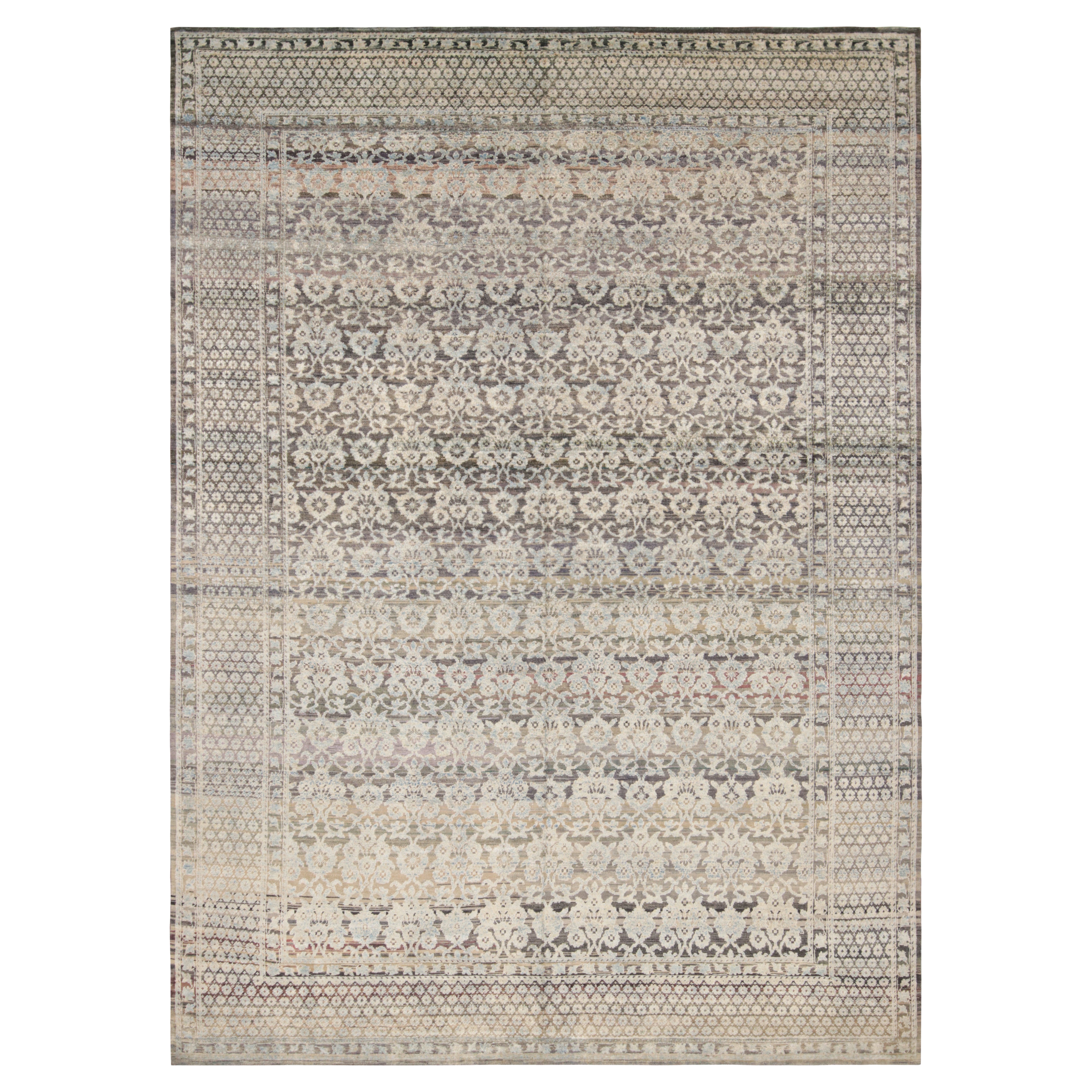 Rug & Kilim’s Hand Knotted Floral Rug in Blue, Beige Grey Pattern