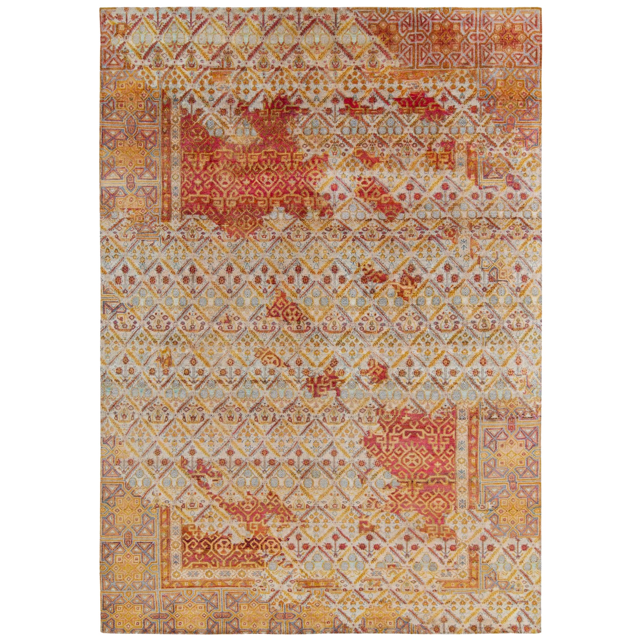 Alfombra Floral Anudada a Mano de Rug & Kilim con Diseño Geométrico Rojo, Dorado y Azul