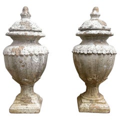 Pair of Glazed Terracotta Lidded Urns