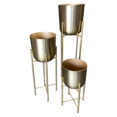 Set of 3 Modernist Brass Spun Brass Planters With Stand - Set of 3