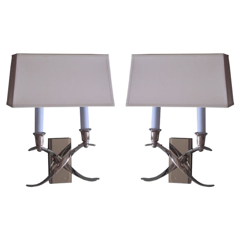 Pair of French Modern Neoclassical Style Nickel Sconces in Style of Jules Leleu