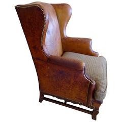 Much Loved Antique Leather Wing Chair with Upholstered Seat
