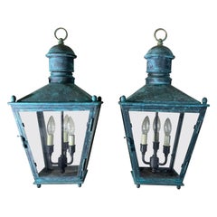 Large Pair Of Vintage Brass  Hanging Lanterns - 12”x 12”x 24”