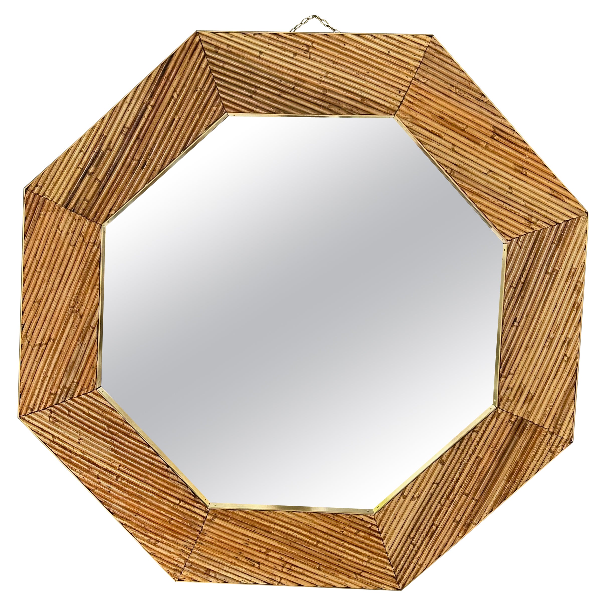 Rattan and Brass Octogonal Wall Mirror by Vivai Del Sud. Italy, 1970s