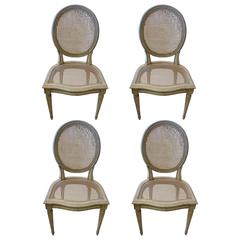 Set of Four French Painted and Caned Dining Chairs
