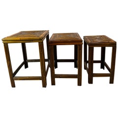 Vintage Bamboo & Rattan Nesting Tables – Set of Three, Mid-Century Tropical Boho