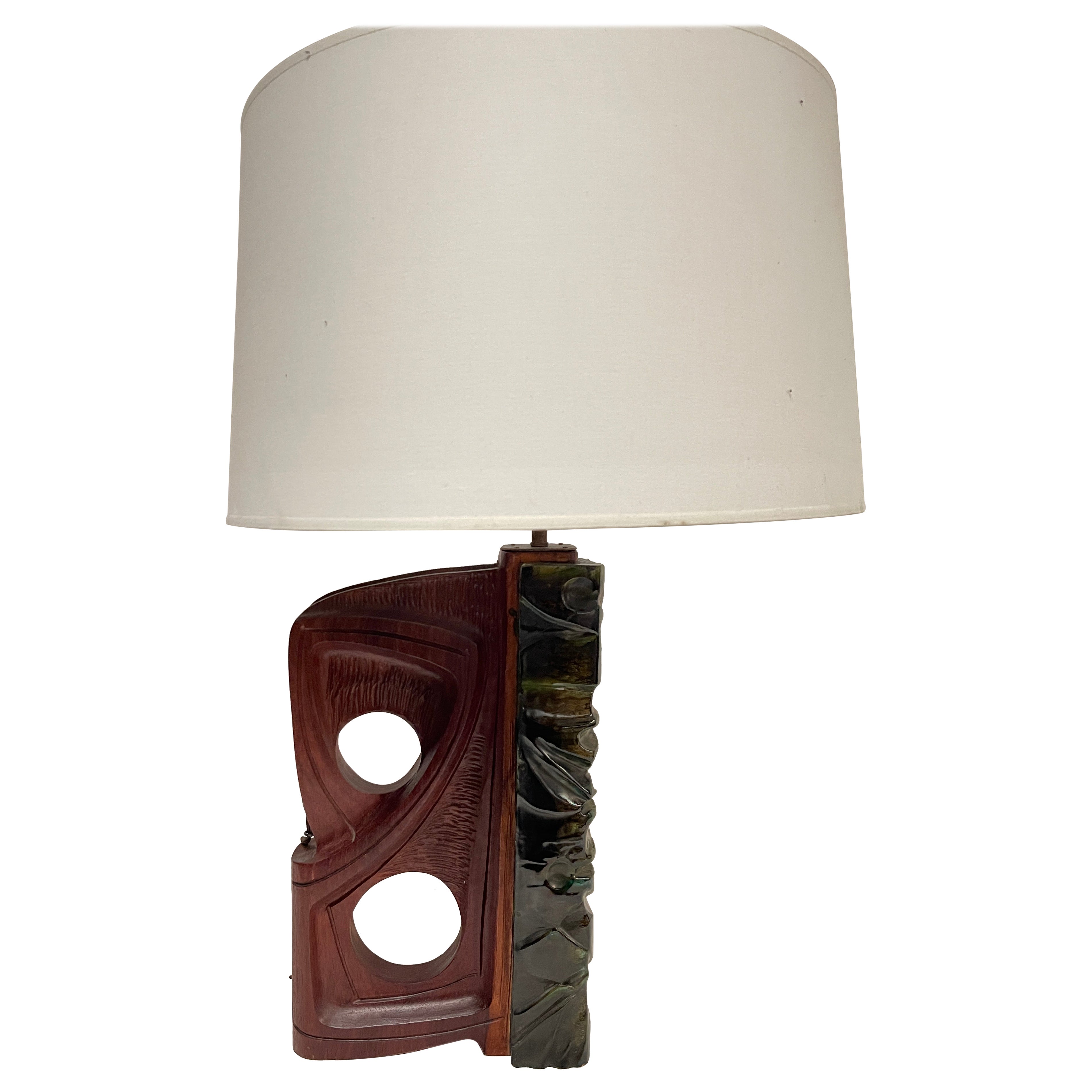 1960's Sculptural "Brutalist" ceramic and wood lamp attributed to Angelo Brotto For Sale