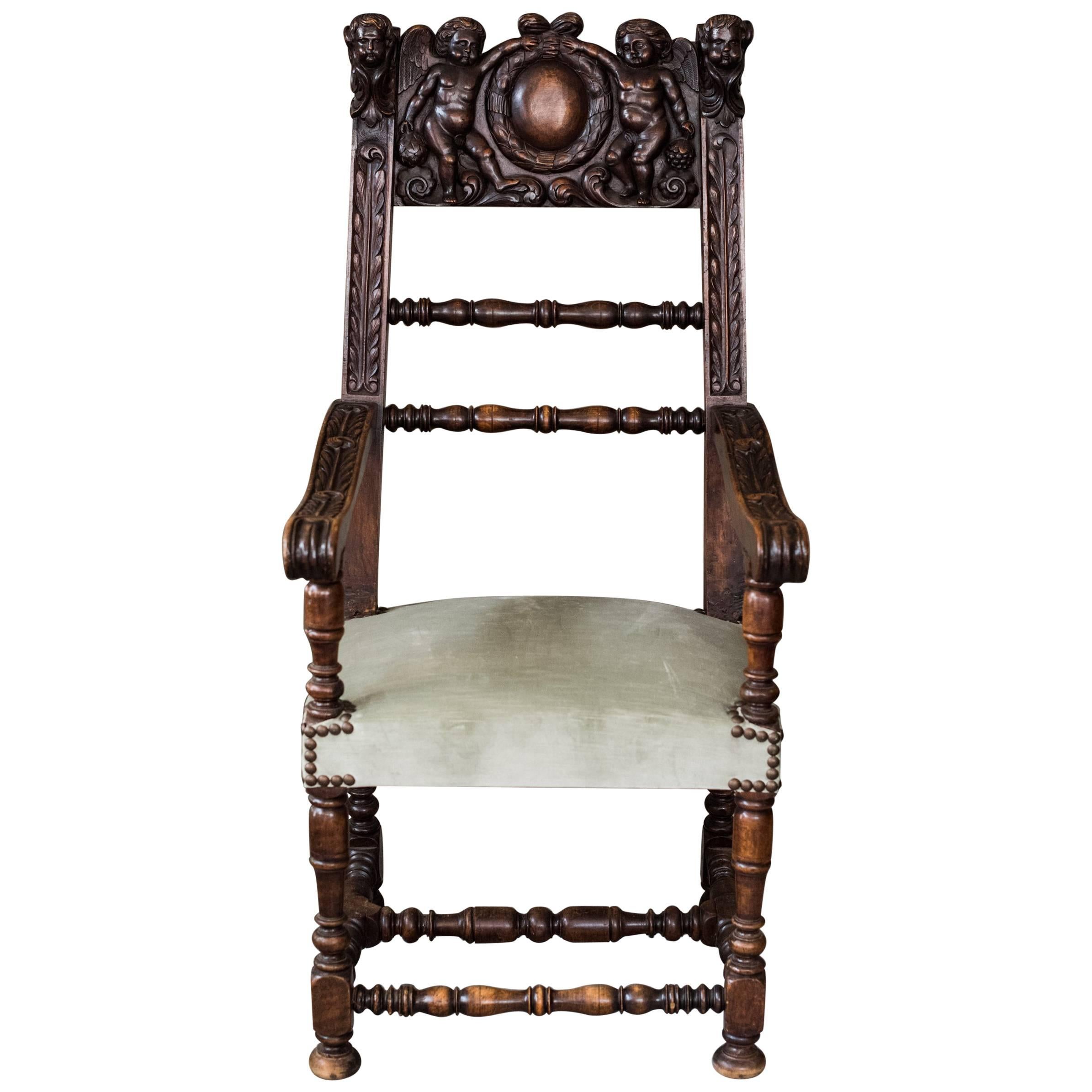 19th Century Jacobean / Renaissance Revival Carved Throne For Sale