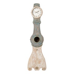 Antique Swedish Country Mora Clock in Rococo Style with Original Blue Paint