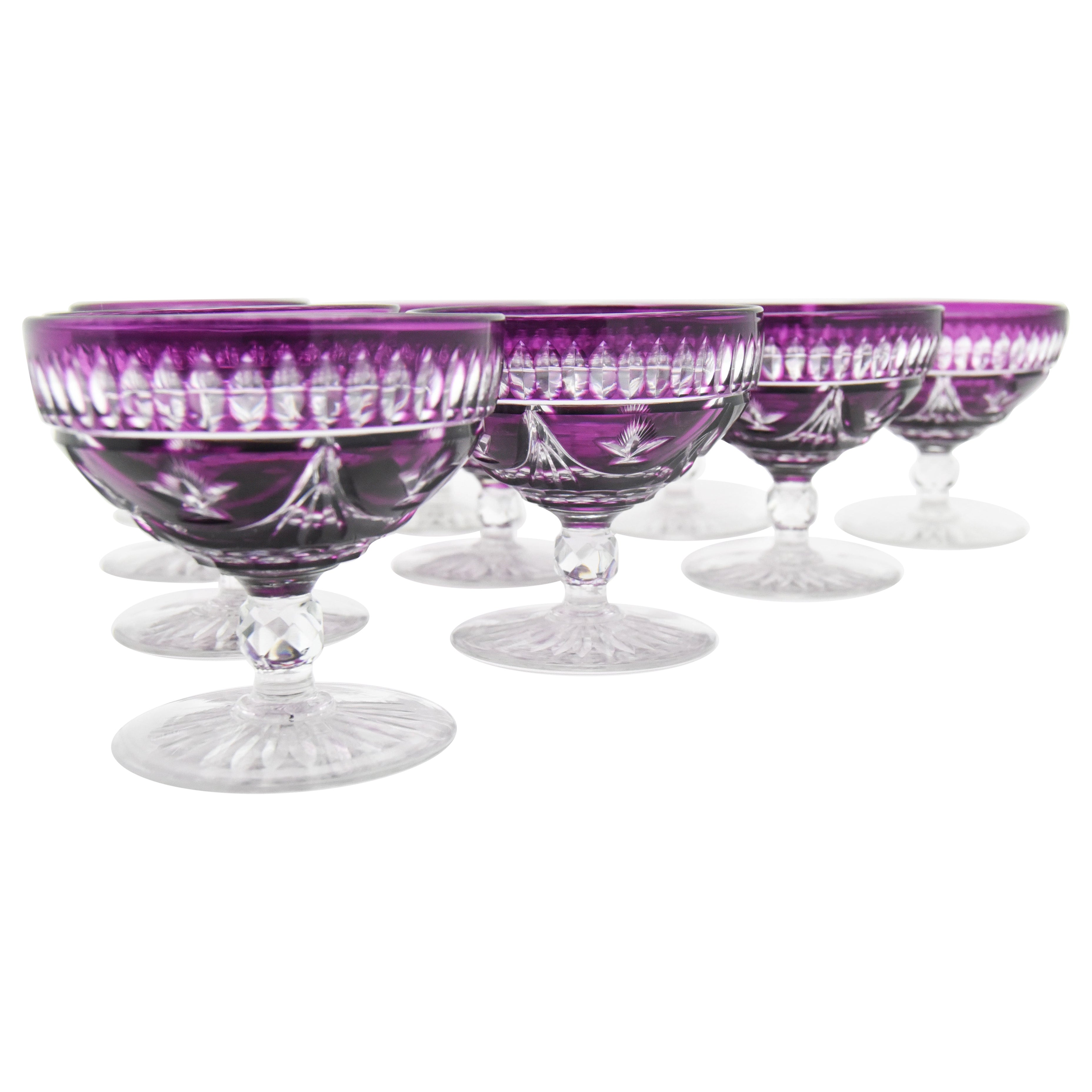 10 French Hand Blown Crystal Amethyst Cut to Clear Champagne Cocktail Coupes For Sale