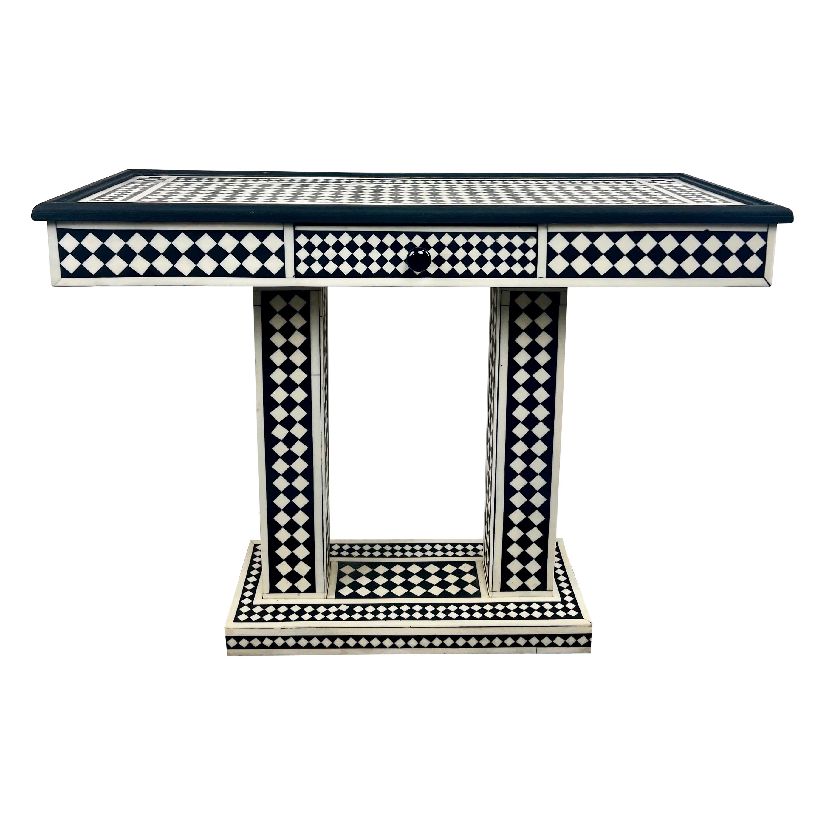 Art Deco Style Black & White Resin Console Table in Diamond Pattern For Sale