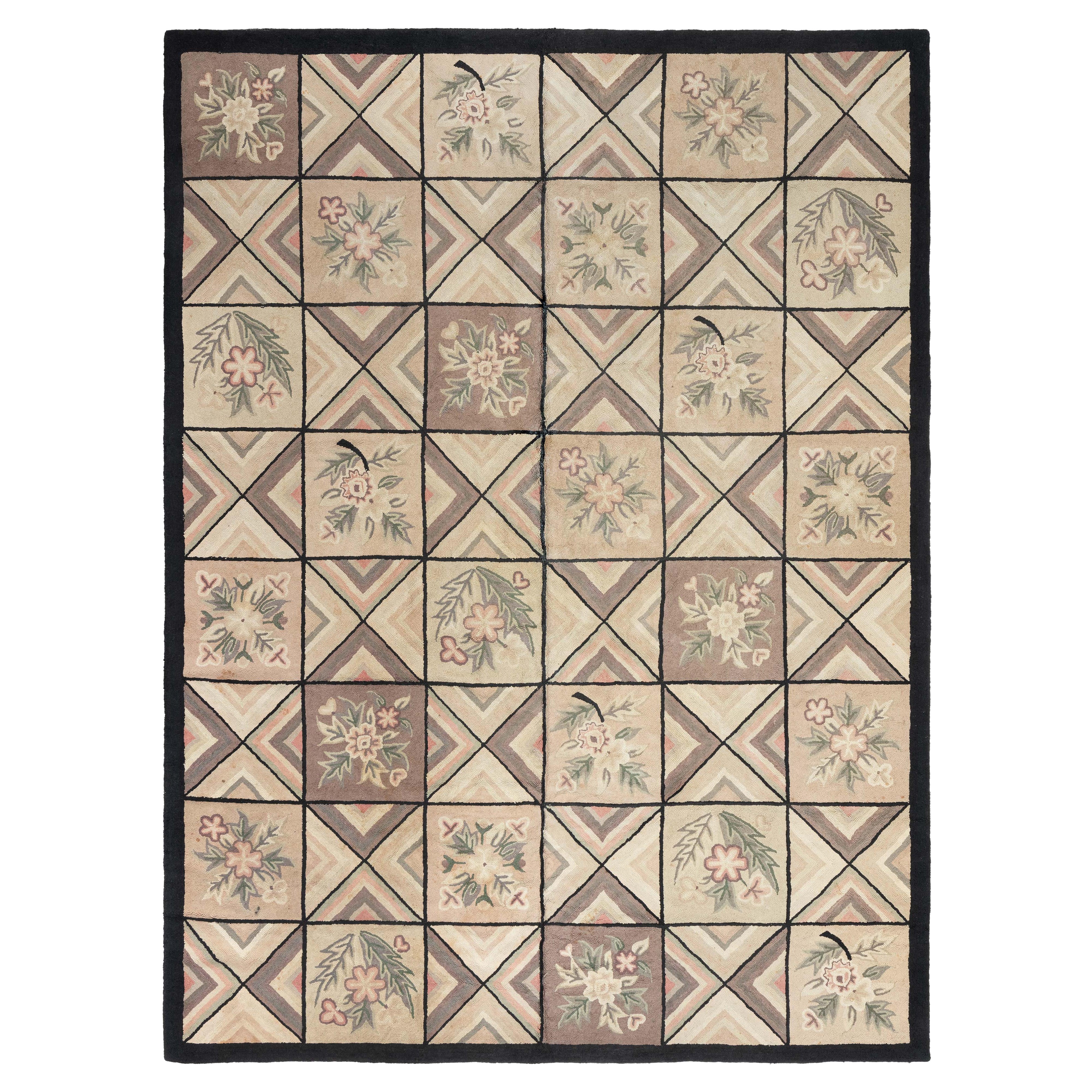 Doris Leslie Blau Alfombra Americana Vintage con Gancho y Diseño Geométrico