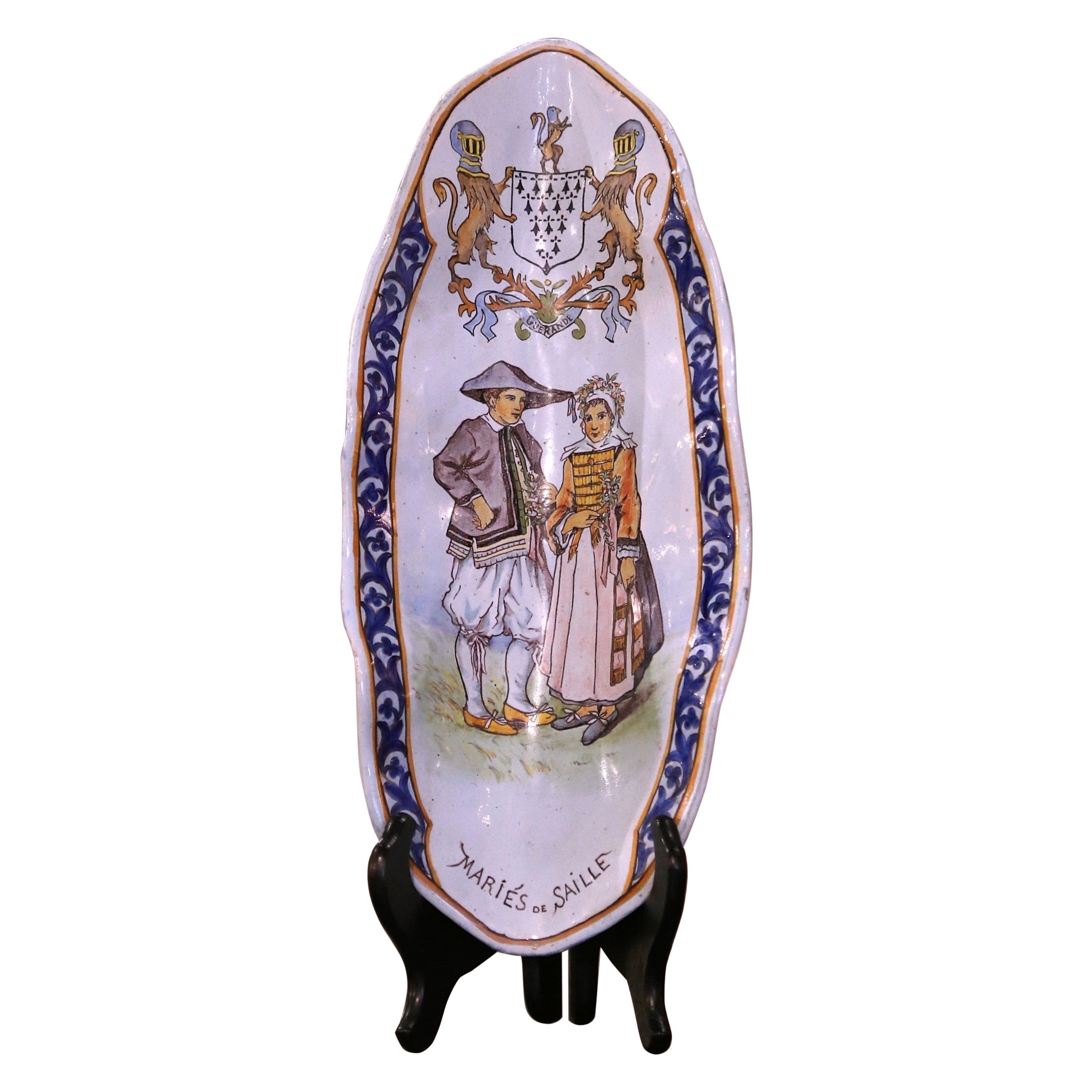 Plato de crepe de porcelana pintada francesa del siglo XIX Beau Quimper Firmado PP