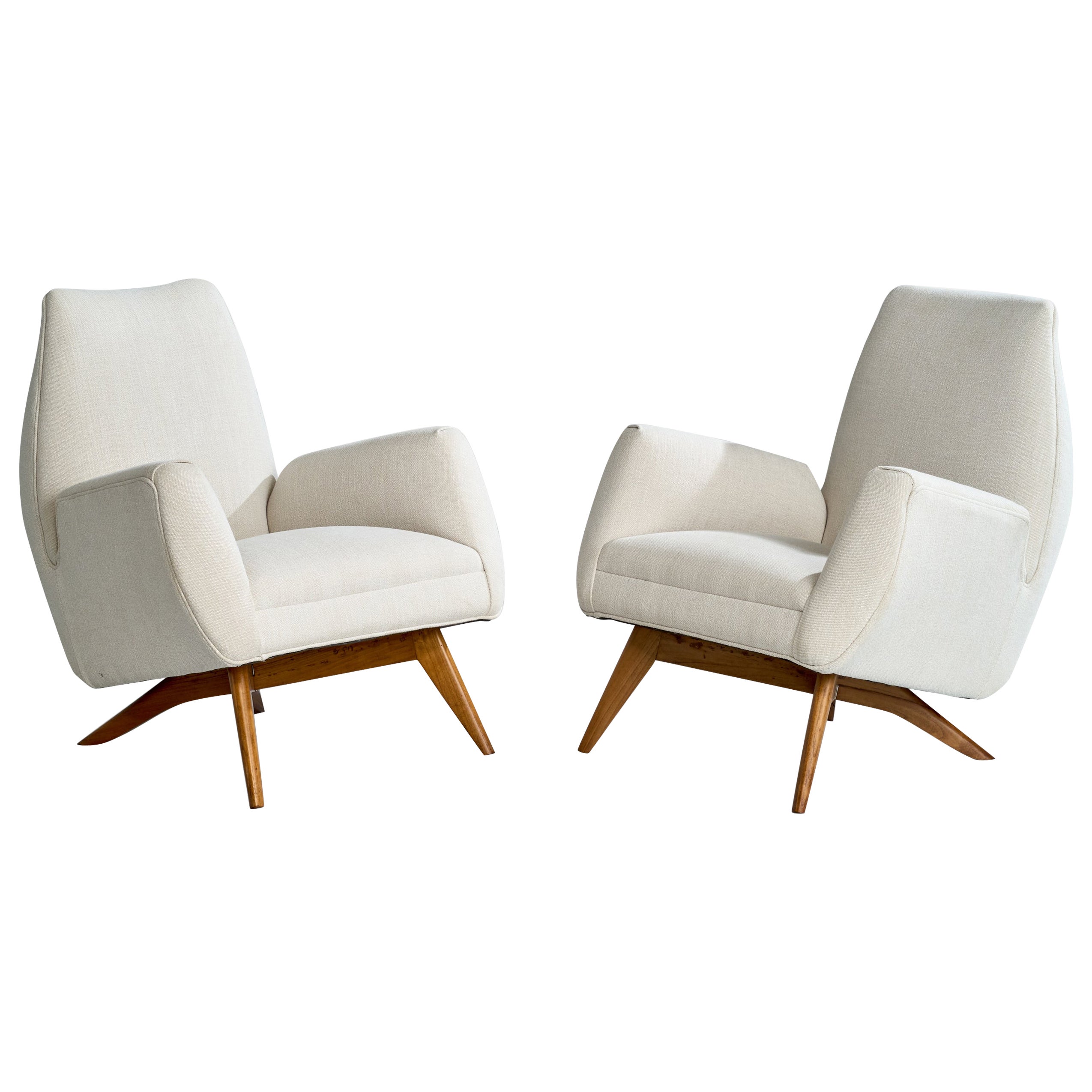 Luigi Scremin, Lounge Chairs, Wood, Fabric, Italy, 1950s For Sale