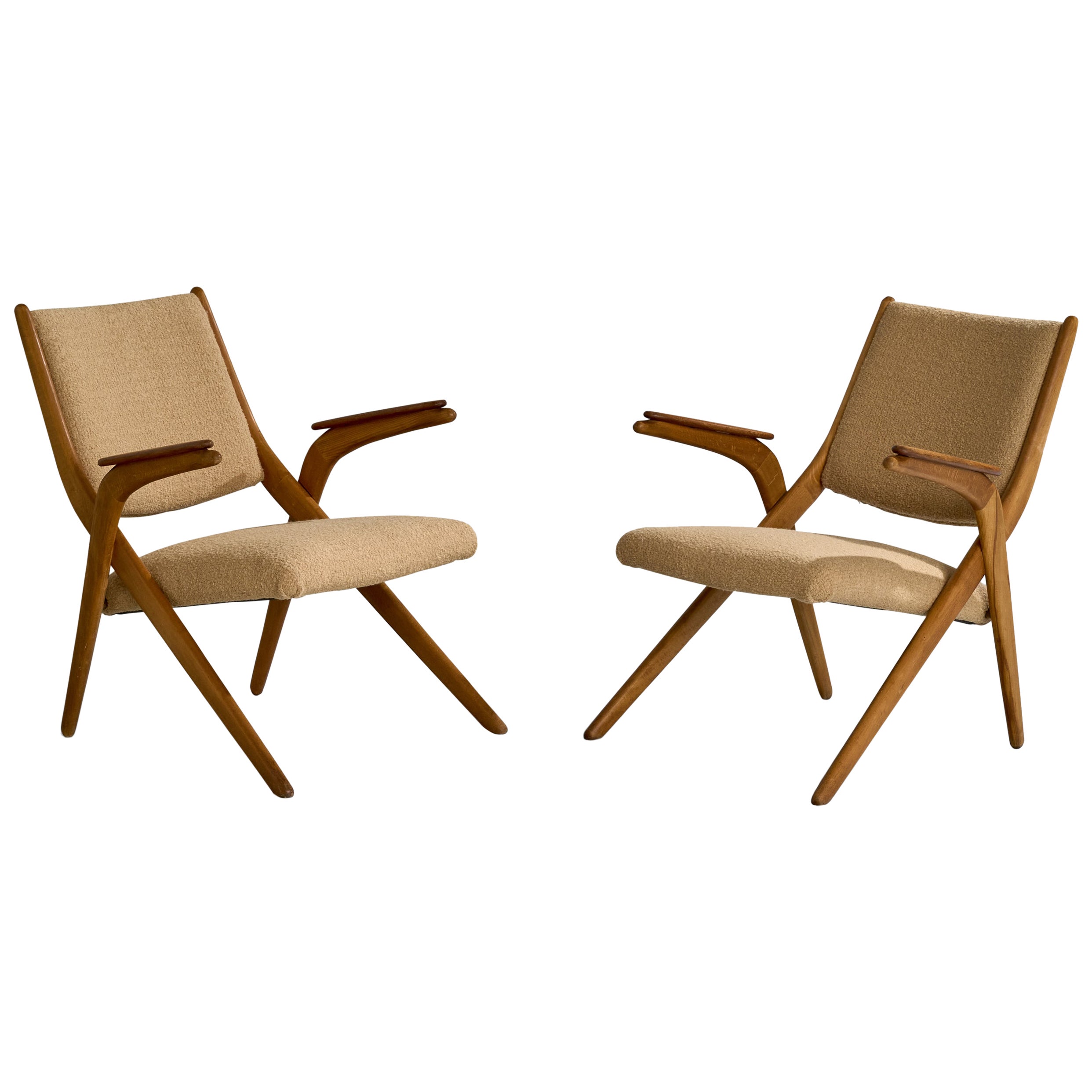 Danish Designer, Lounge Chairs, Wood, Fabric, Denmark, 1950s