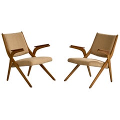 Danish Designer, Lounge Chairs, Wood, Fabric, Denmark, 1950s