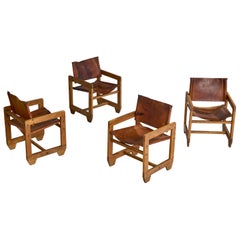 Paco Muñoz Attribution, Armchairs, Oak, Leather, Spain, 1960s