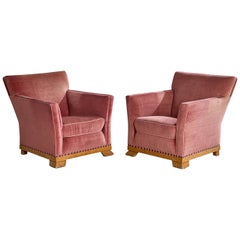 Schwedischer Designer, Loungesessel, Samt, Eiche, Schweden, 1930er Jahre