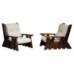 Brutalist Style French 1970s Pair of Elm Wood Armchairs New Bouclé Fabric