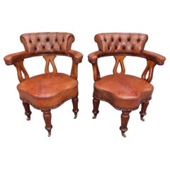 Pair of English Regency Mahogany Leather Tufted Arm Chairs w/ Reeded Legs C 1815