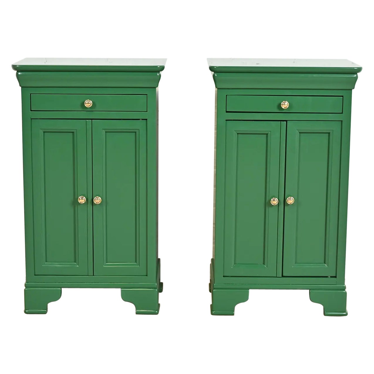 Grange French Louis Philippe Green Lacquered Nightstands, Newly Refinished