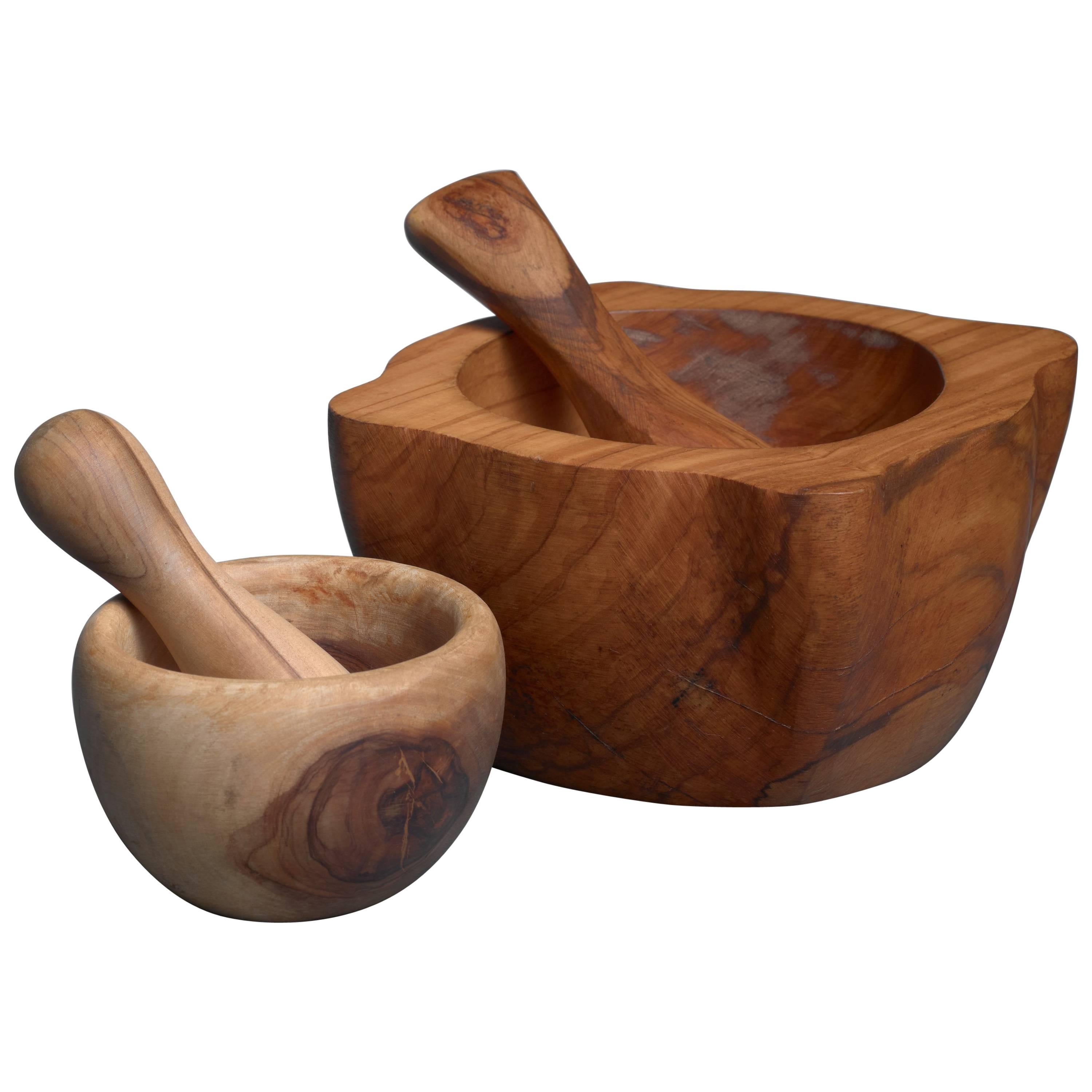 Pair of Wooden Mortar and Pestles, France, 1950s