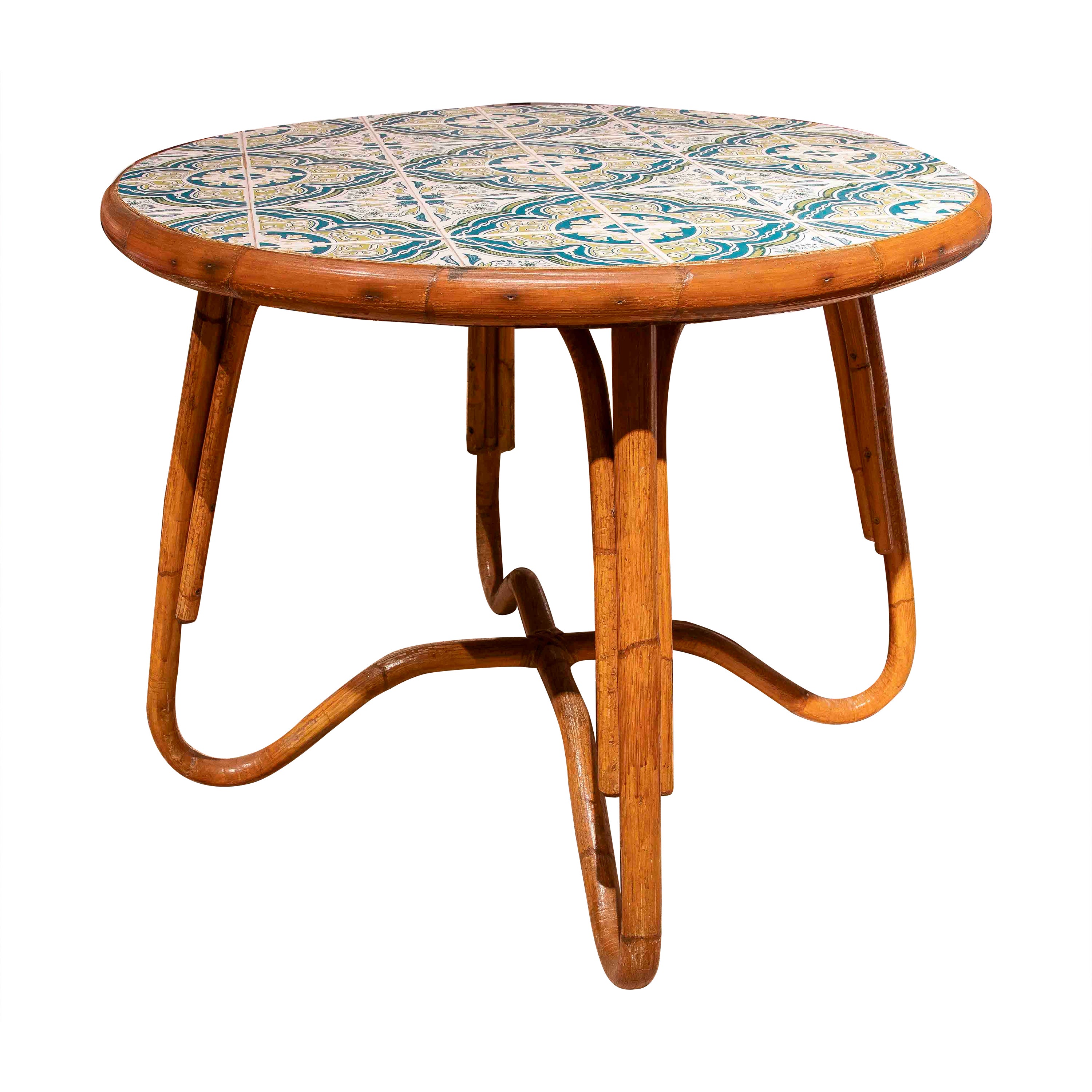 1970er Jahre Vintage runder Tisch mit Bambusstruktur und Keramikfliesenplatte im Angebot