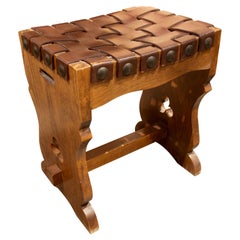 1980s Rustic Stool in Wood and Braided Leather with Studs