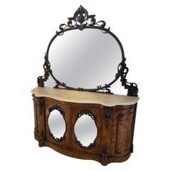 Outstanding Quality Antique Victorian Burr Walnut Carved Mirror Back Credenza