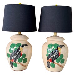 Pair of 1970s Glazed Pottery Toucan Table Lamps With Black Shades and Whimsical