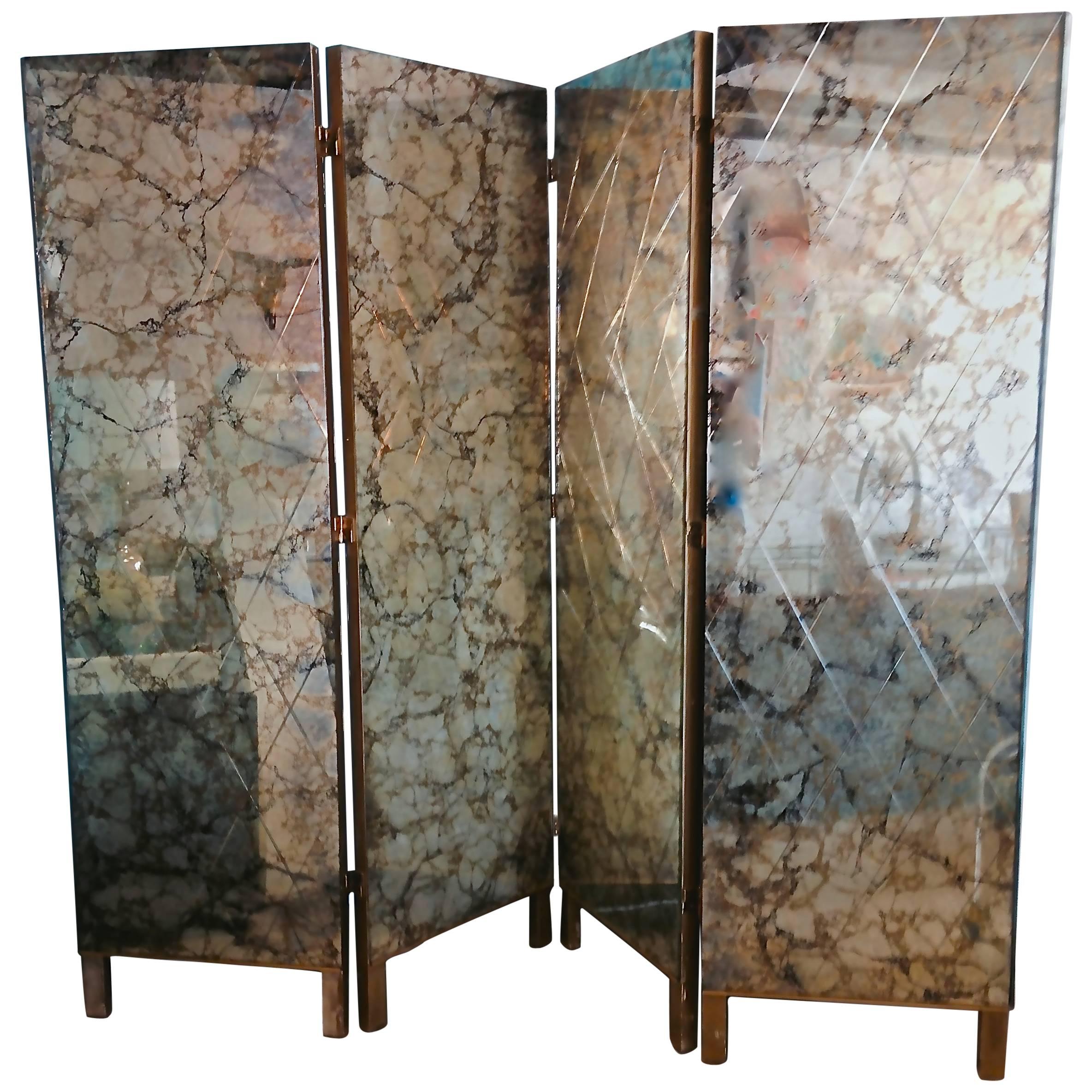 1950s Four-Panel Verre Églomisé Mirror Screen / Room Divider