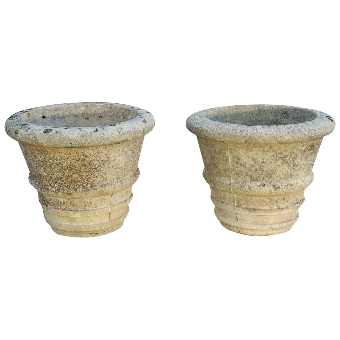 Pair of Vintage Aged Concrete Garden Planters – Classic Outdoor Décor For Sale