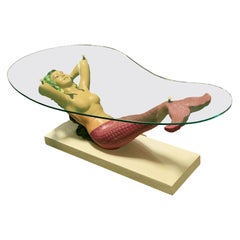 Mid-Century Sculptural Nude Mermaid Cocktail Table w/ Biomorphic Glass Top
