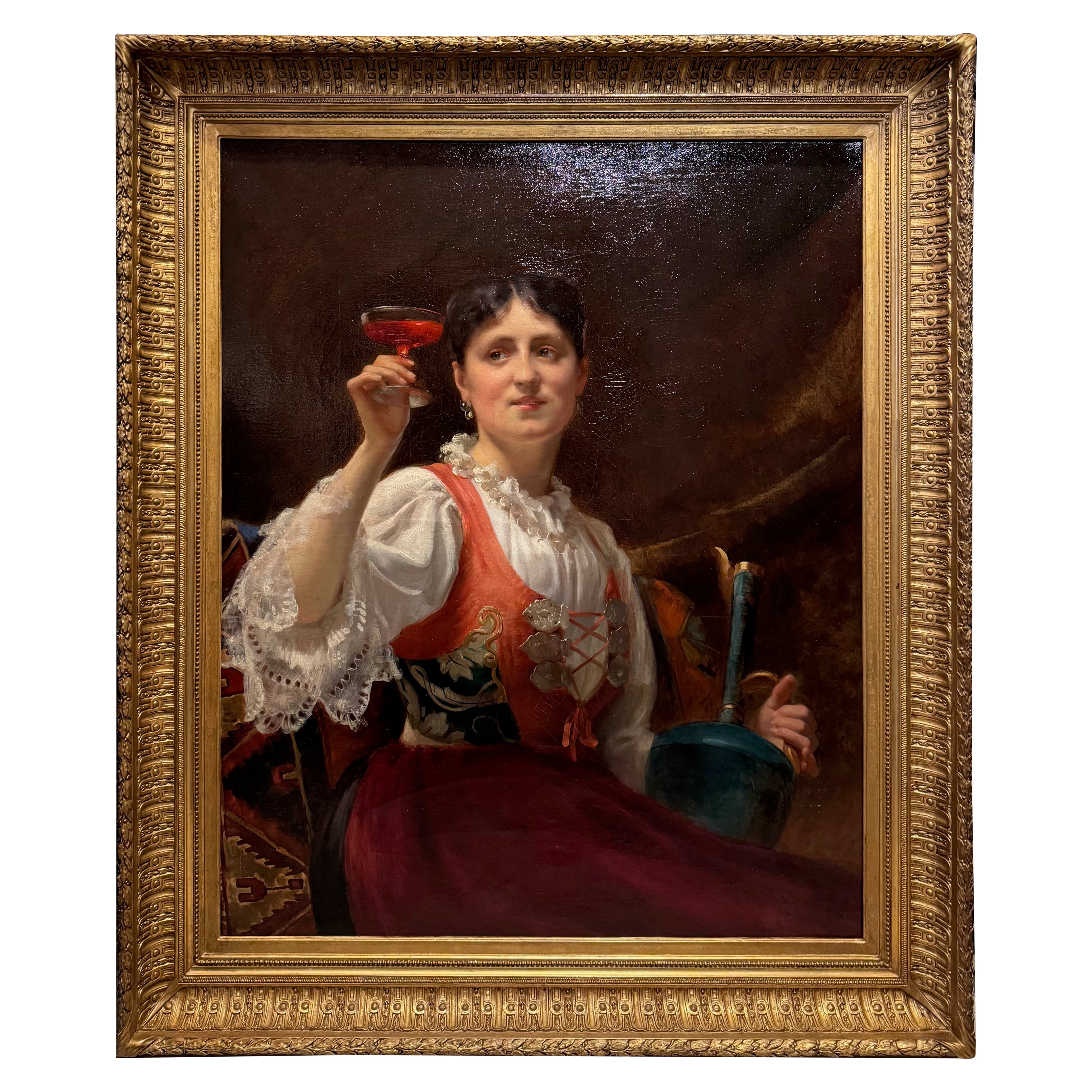 Une jeune femme tenant un verre de vin, A .DELECLUSE Paris 1885