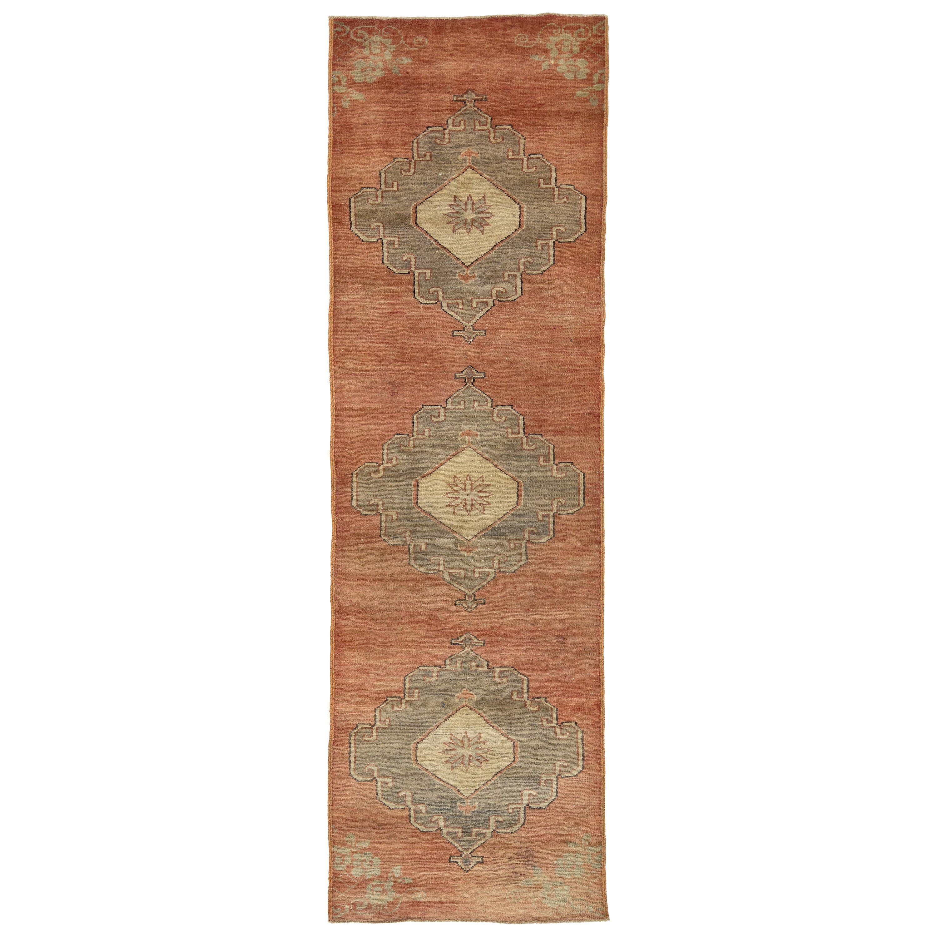 Handmade Vintage Turkish Anatolian Wool Runner In Terracotta with Tribal Motif For Sale