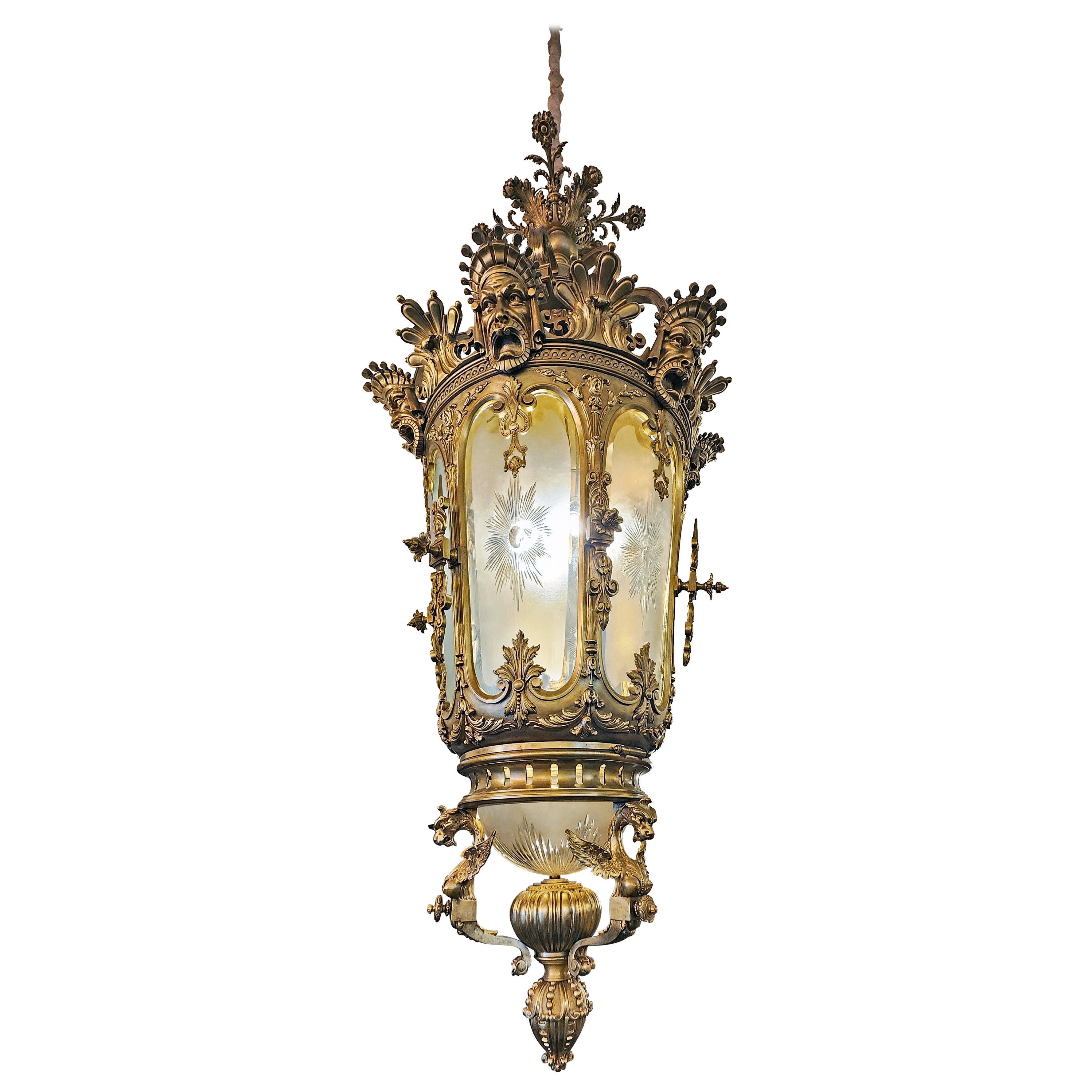 19th Century French Neoclassical Gilt Bronze and Glass Important Pending Lantern