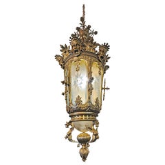 19th Century French Neoclassical Gilt Bronze and Glass Important Pending Lantern