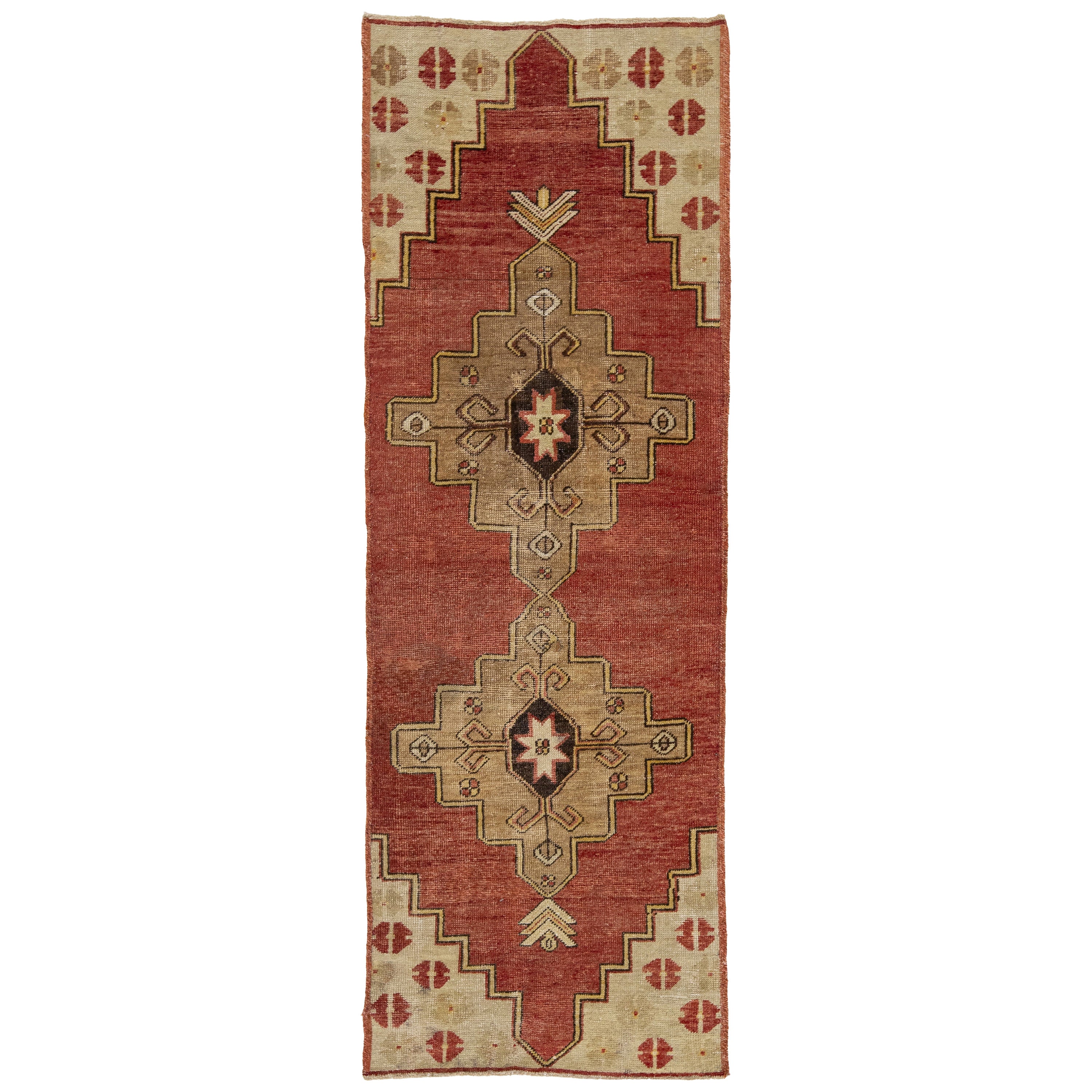 3 x 7 Chemin de table en laine turque d'Anatolie de couleur rouge avec motifs géométriques