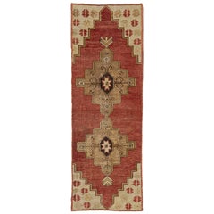 3 x 7 Chemin de table en laine turque d'Anatolie de couleur rouge avec motifs géométriques