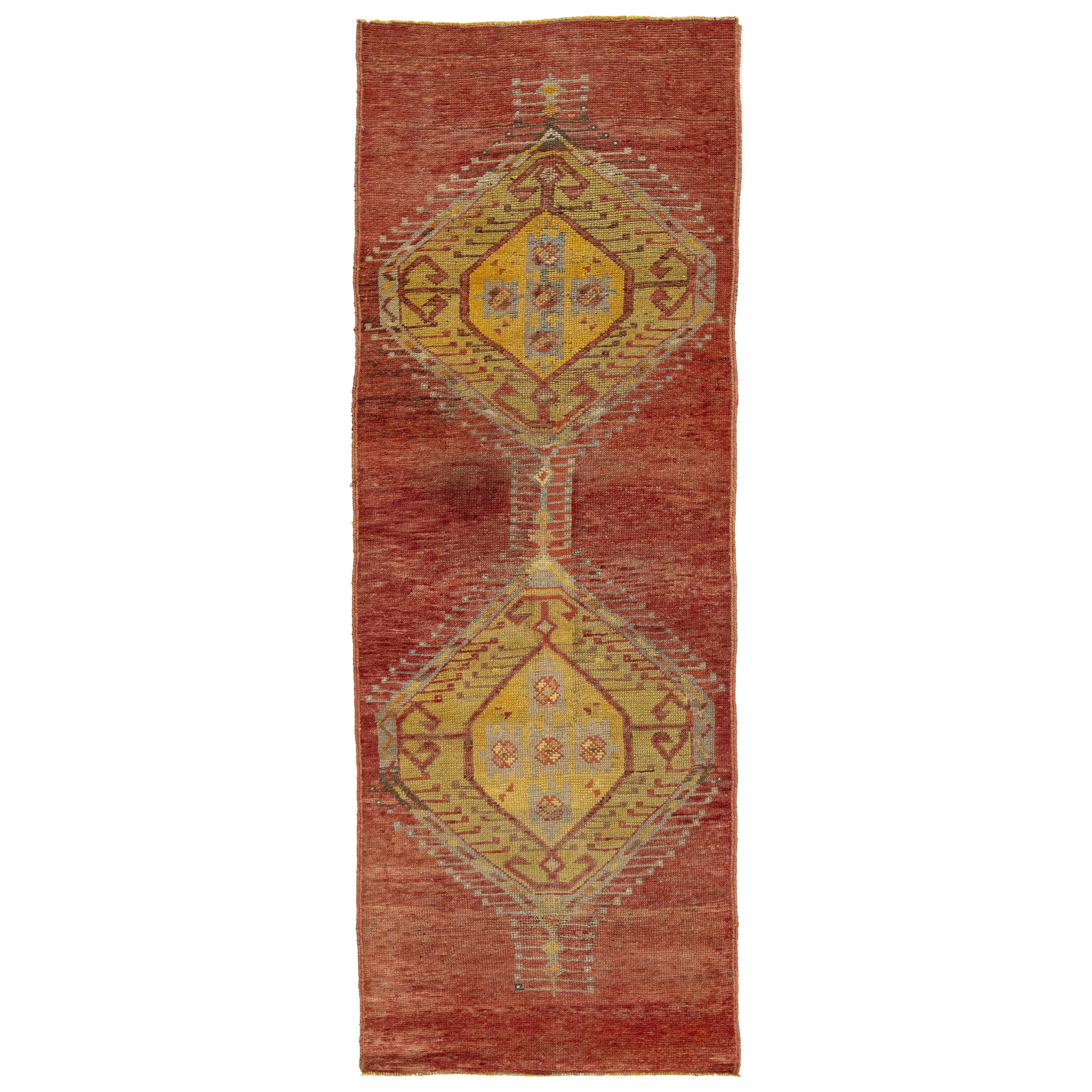 Tapis de couloir vintage turc d'Anatolie rouille avec motif géométrique