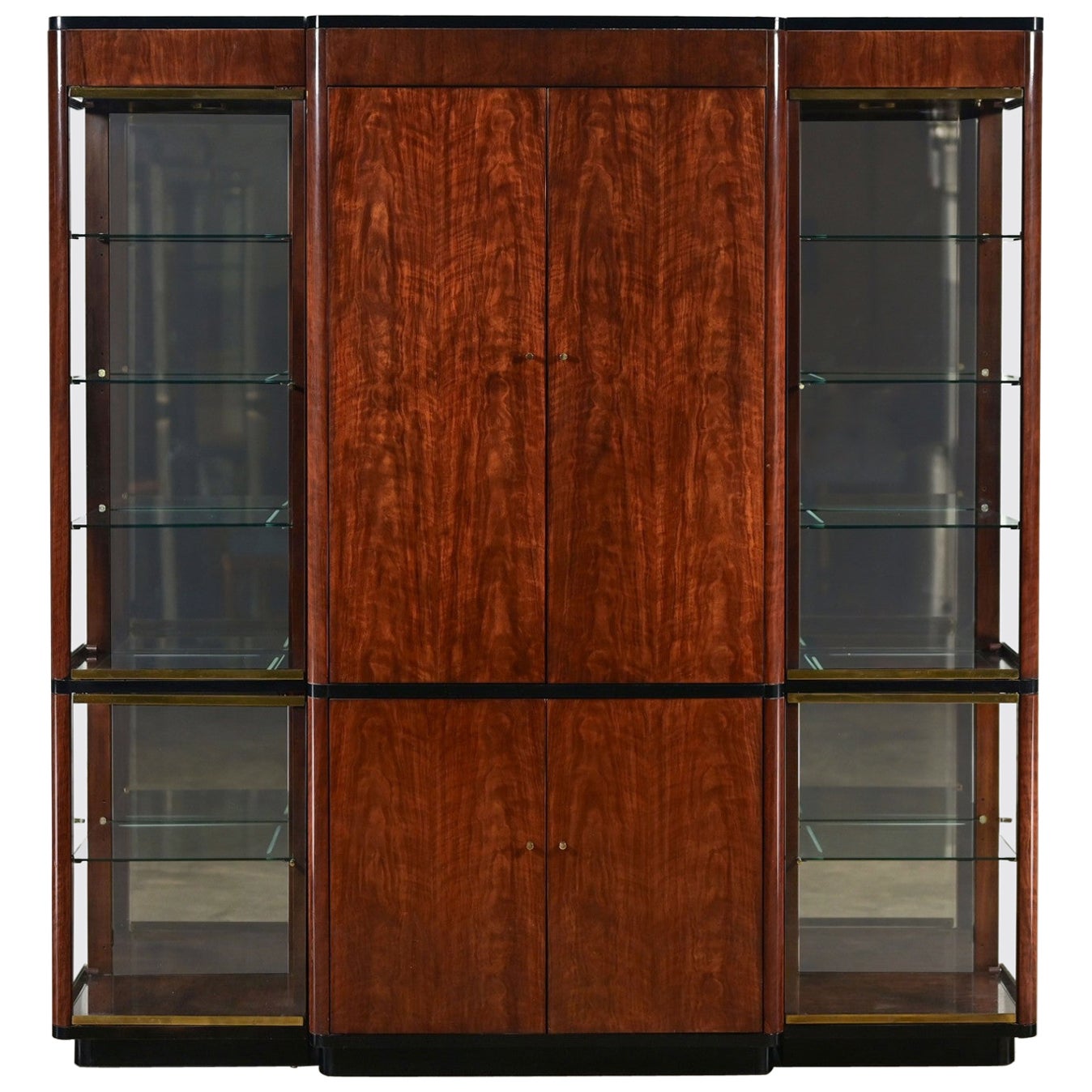 Vintage Modern Black & Burl Drexel Heritage 3 Pc Lighted Wall Display or Vitrine