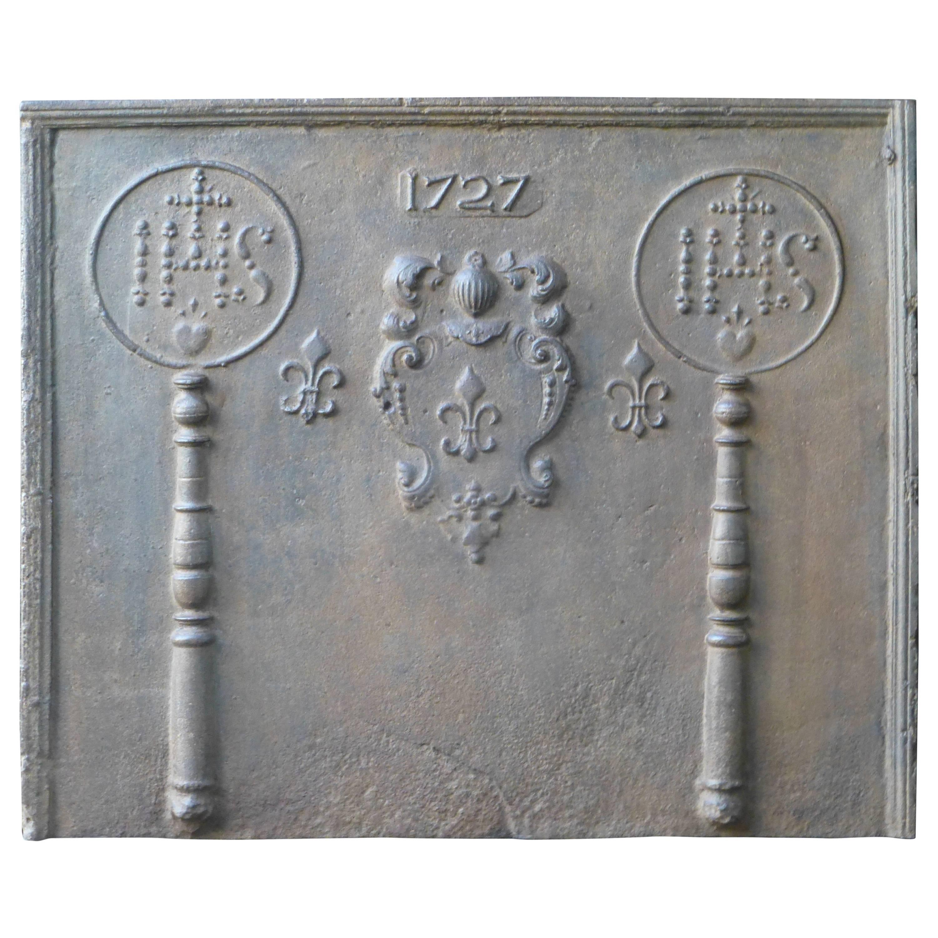 Antique French Fireback with Coat of Arms and Pillars, Dated 1727