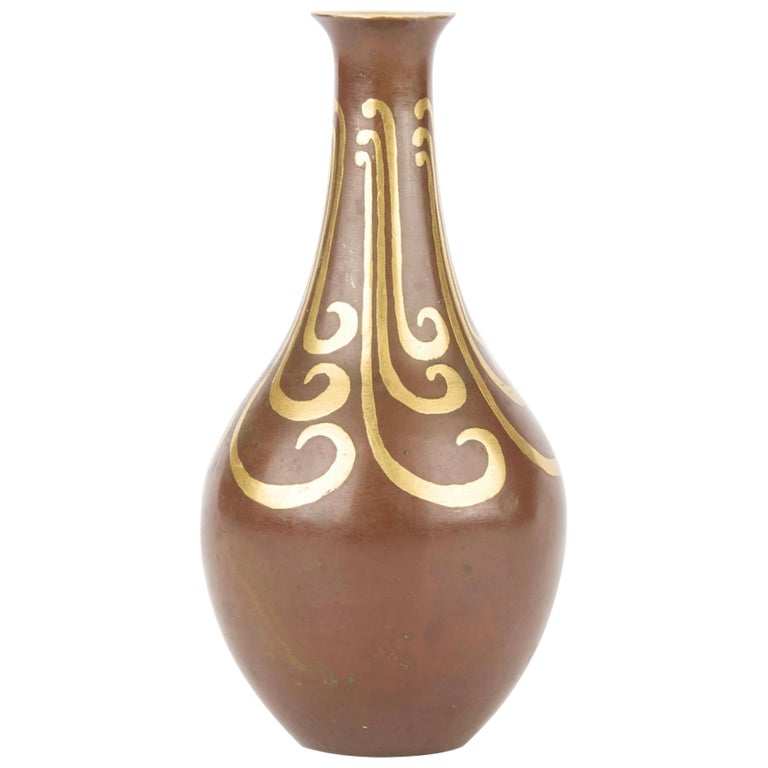 Christofle Dinanderie Vase with Gilt Leaf Decoration and Patination Christofle Dinanderie Vase with Gilt Leaf Decoration and Patination